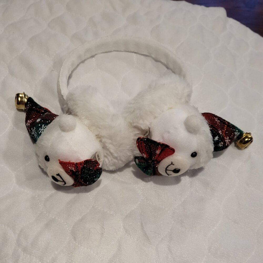 Christmas Bear Earmuffs Headband White Jingle Bells Fuzzy Warm